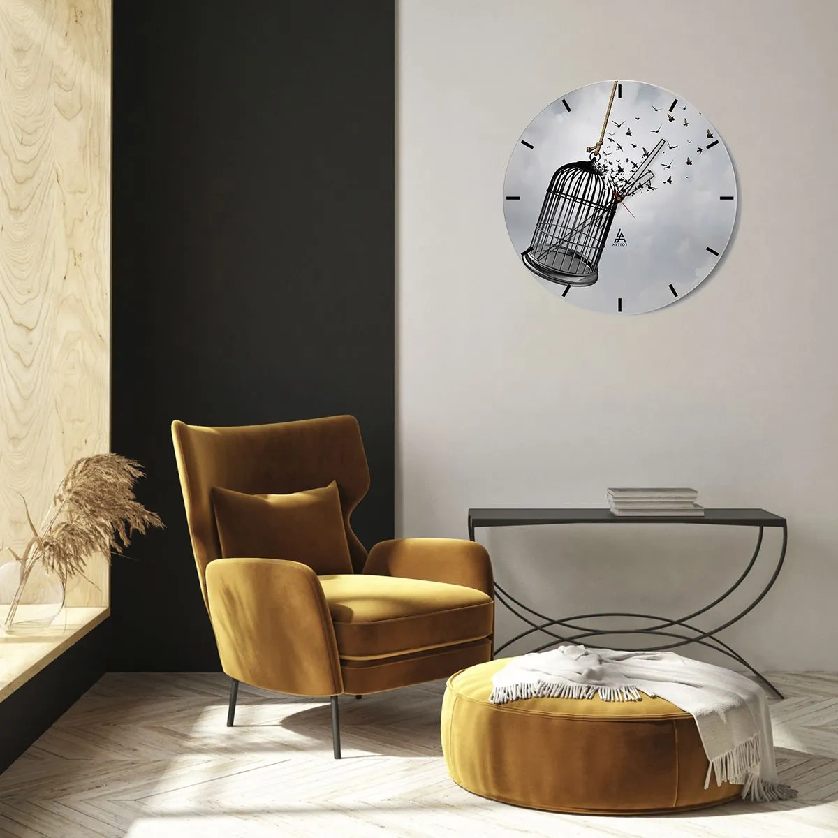 Ceas de perete - Ceas pe sticlă - Colivia se deschide și păsările zboară pe cer - 30x30cm - Credință...Speranță...Libertate! - Decorațiune modernă pentru perete pentru living, bucătărie și dormitor ARTTOR
