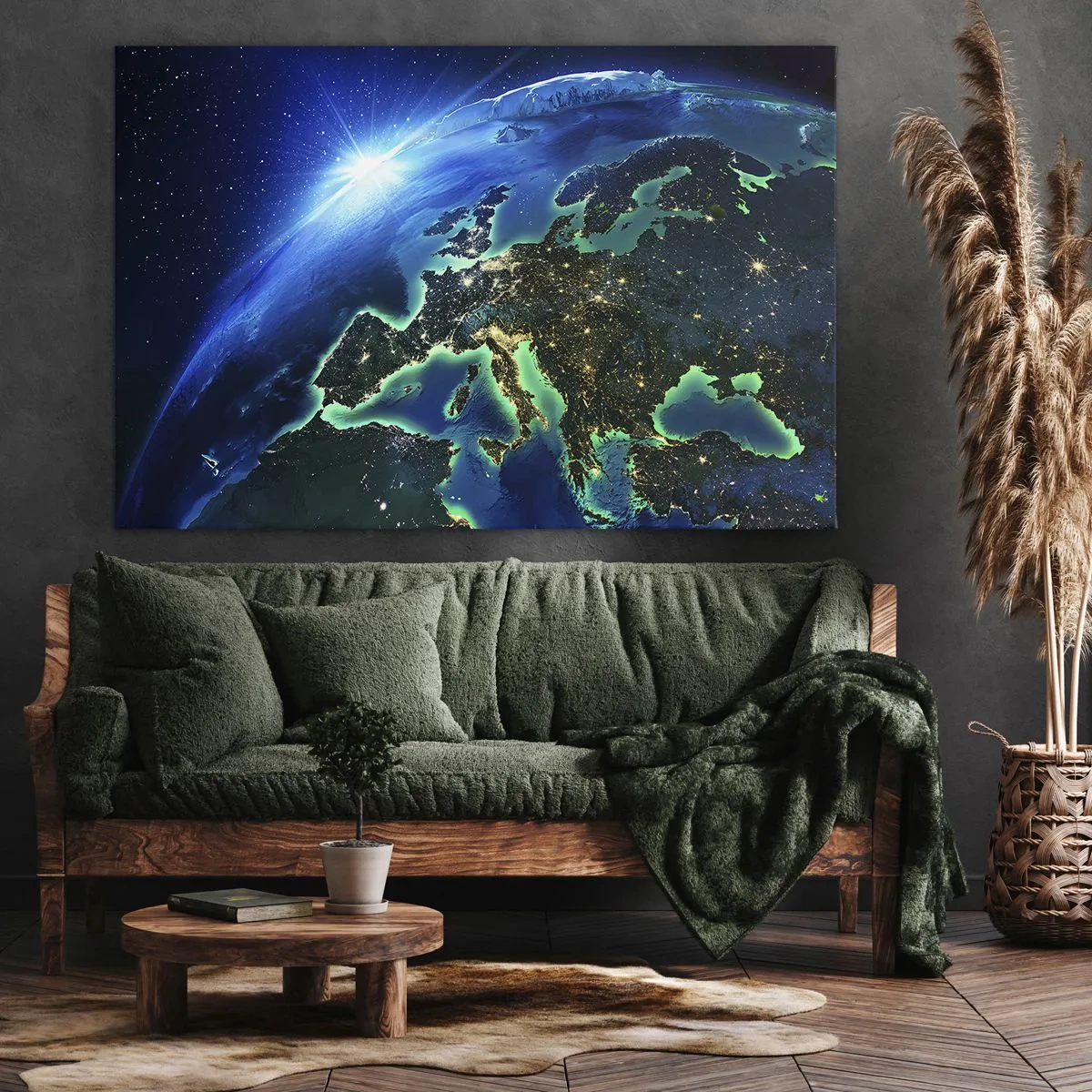 Tablou pe pânză Canvas - O vedere a Europei din spațiu în strălucirea soarelui care răsare. - 70x50cm - O Europă scânteietoare - Decorațiune modernă pentru perete pentru living și dormitor ARTTOR