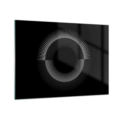Tablou pe sticlă - Raze albe formând un cerc pe un fundal negru - 70x50cm - Soarele Negru - Decorațiune modernă pentru perete pentru living și dormitor ARTTOR