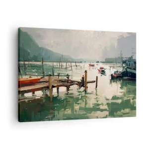 Tablou pe pânză Canvas - Un port pitoresc cu bărci pe ape calme - 70x50cm - Scufundat în luna topită - Decorațiune modernă pentru perete pentru living și dormitor ARTTOR