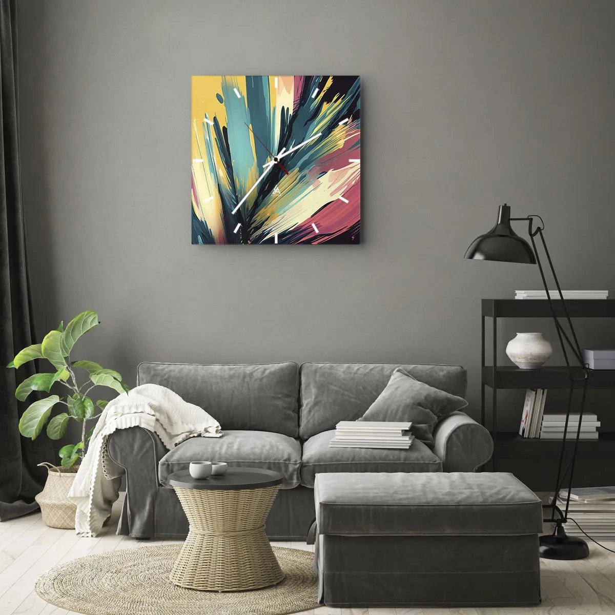 Ceas de perete - Ceas pe sticlă - Compoziția - o explozie de bucurie - 40x40 cm