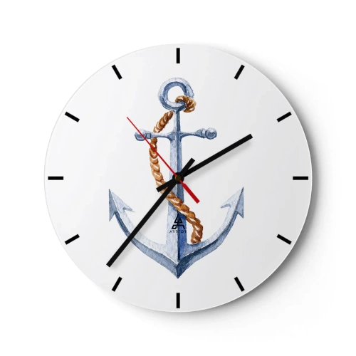 Ceas de perete - Ceas pe sticlă - Ancoră cu frânghie pe fundal alb - 30x30cm - Ahoy aventura! - Decorațiune modernă pentru perete pentru living, bucătărie și dormitor ARTTOR