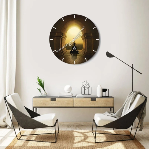 Ceas de perete - Ceas pe sticlă - Meditație în lumina aurie a arcului templului - 30x30cm - Armonie completă - Decorațiune modernă pentru perete pentru living, bucătărie și dormitor ARTTOR