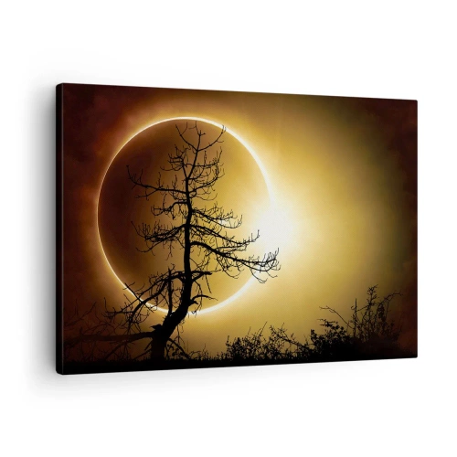 Tablou pe pânză Canvas - Eclipsă solară cu silueta unui copac în prim-plan - 70x50cm - Eclipsă totală - Decorațiune modernă pentru perete pentru living și dormitor ARTTOR