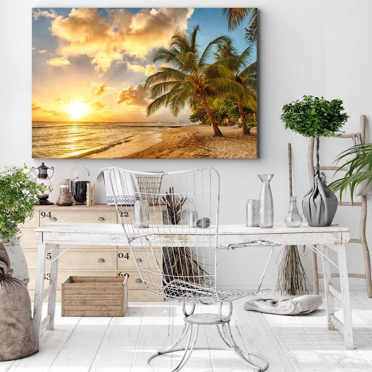 Tablou pe pânză Canvas - Plajă cu palmieri și apus de soare peste ocean - 70x50cm - Vară eternă, întotdeauna o vacanță - Decorațiune modernă pentru perete pentru living și dormitor ARTTOR