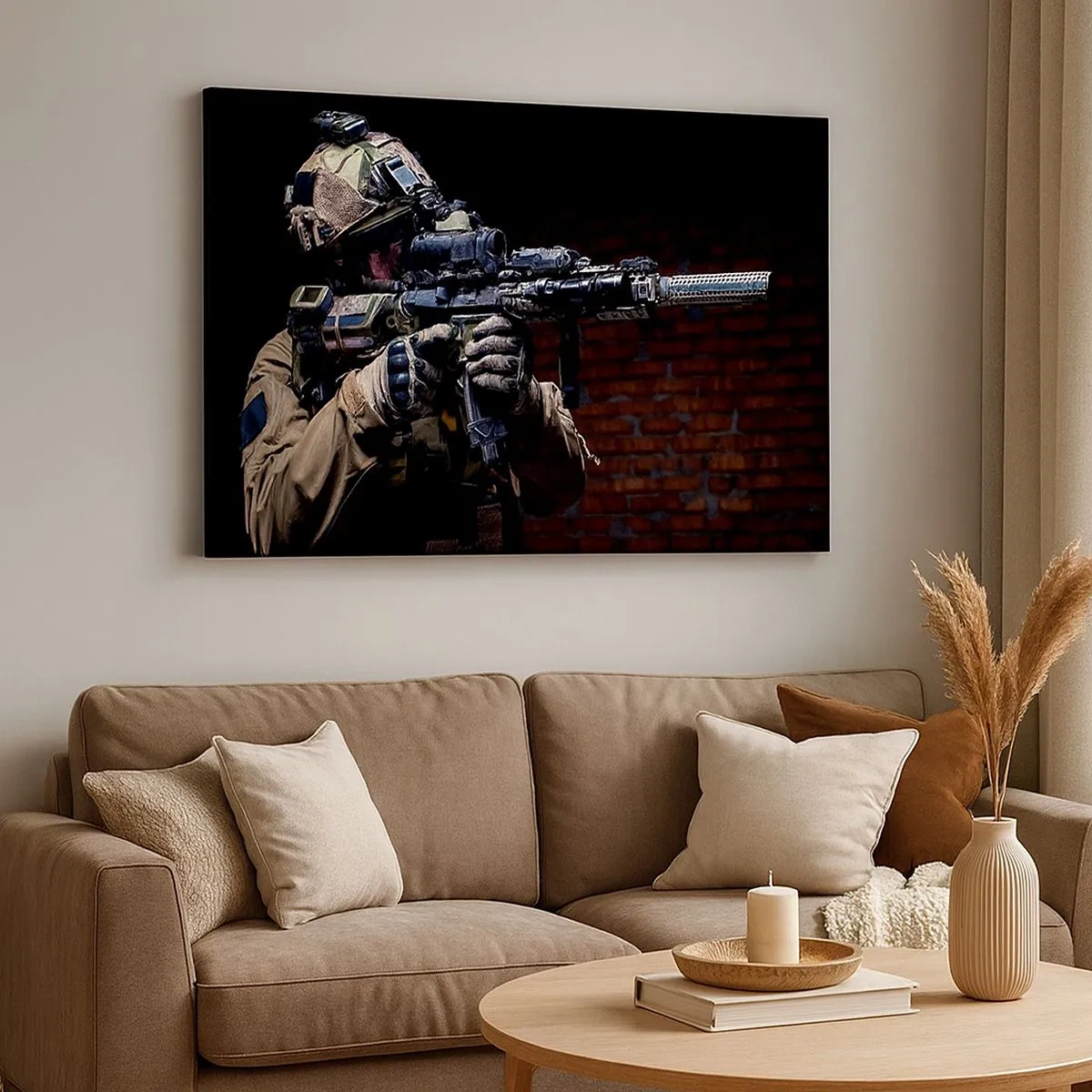 Tablou pe pânză Canvas - Un soldat în echipament complet cu o pușcă - 70x50cm - Eficient mortal - Decorațiune modernă pentru perete pentru living și dormitor ARTTOR