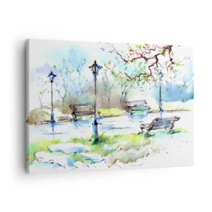 Tablou pe pânză Canvas - Scenă de parc în acuarelă cu bănci și lămpi - 70x50cm - Magia liniștii din parc - Decorațiune modernă pentru perete pentru living și dormitor ARTTOR