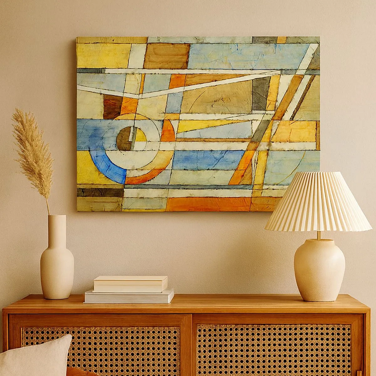 Tablou pe pânză Canvas - Abstracție geometrică în nuanțe de bej, albastru și portocaliu - 70x50cm - Cubismul în construcție - Decorațiune modernă pentru perete pentru living și dormitor ARTTOR