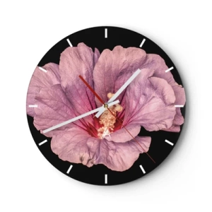 Ceas de perete - Ceas pe sticlă - Prim-plan al unei flori de hibiscus în nuanțe delicate de roz - 30x30cm - Direct la inimă - Decorațiune modernă pentru perete pentru living, bucătărie și dormitor ARTTOR