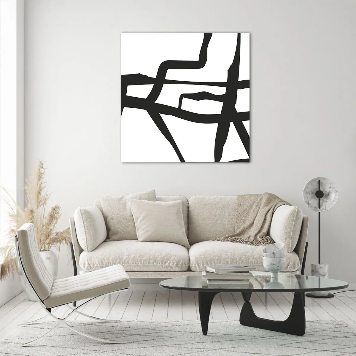 Tablou pe sticlă - Construcție în alb și negru - 70x70 cm