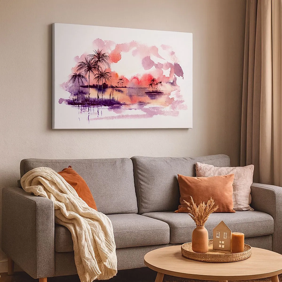 Tablou pe pânză Canvas - Peisaj tropical cu palmieri la apus în acuarelă - 70x50cm - Liniștea tropicelor în roșu - Decorațiune modernă pentru perete pentru living și dormitor ARTTOR