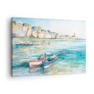 Tablou pe pânză Canvas - Un peisaj pitoresc de pe litoral cu bărci pe apă - 70x50cm - Peisaj în azur - Decorațiune modernă pentru perete pentru living și dormitor ARTTOR