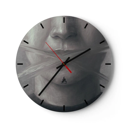 Ceas de perete - Ceas pe sticlă - Portret alb-negru cu gura acoperită cu o cruce de pensulă - 30x30cm - Nici un cuvânt - Decorațiune modernă pentru perete pentru living, bucătărie și dormitor ARTTOR