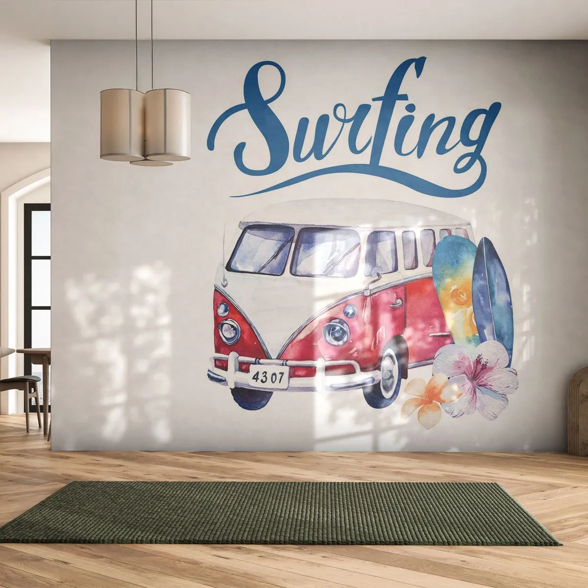 Tapet Standard Eco - Un clasic pentru surferi - Autobuz de epocă, Călătorii, Placă de surf - 250x175 cm