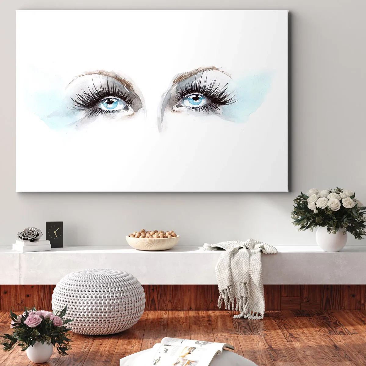 Tablou pe pânză Canvas - Acuarelă cu ochi albaștri și accente delicate - 70x50cm - Ochii unui înger? - Decorațiune modernă pentru perete pentru living și dormitor ARTTOR