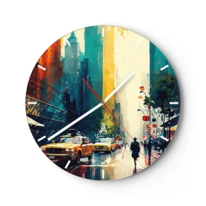 Ceas de perete - Ceas pe sticlă - O stradă colorată din New York cu taxiuri și pietoni în ploaie - 30x30cm - New York - aici și ploaia este colorată - Decorațiune modernă pentru perete pentru living, bucătărie și dormitor ARTTOR