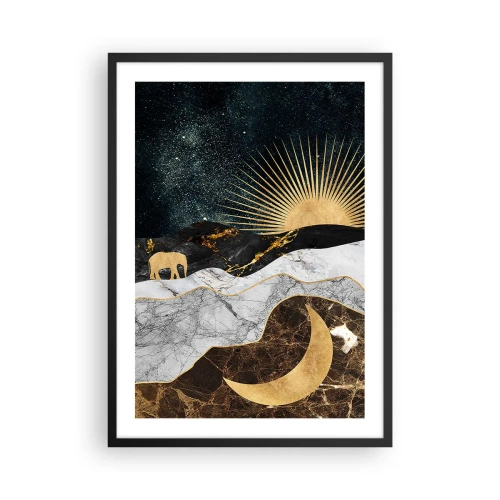 Poster în ramă neagră - Peisaj auriu cu lună, soare și silueta unui elefant - 50x70cm - Drepturi eterne - Decorațiune modernă pentru perete pentru living și dormitor ARTTOR