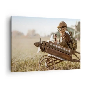 Tablou pe pânză Canvas - Un copil într-un avion de jucărie cu un câmp în fundal - 70x50cm - Porniți spre vis - Decorațiune modernă pentru perete pentru living și dormitor ARTTOR
