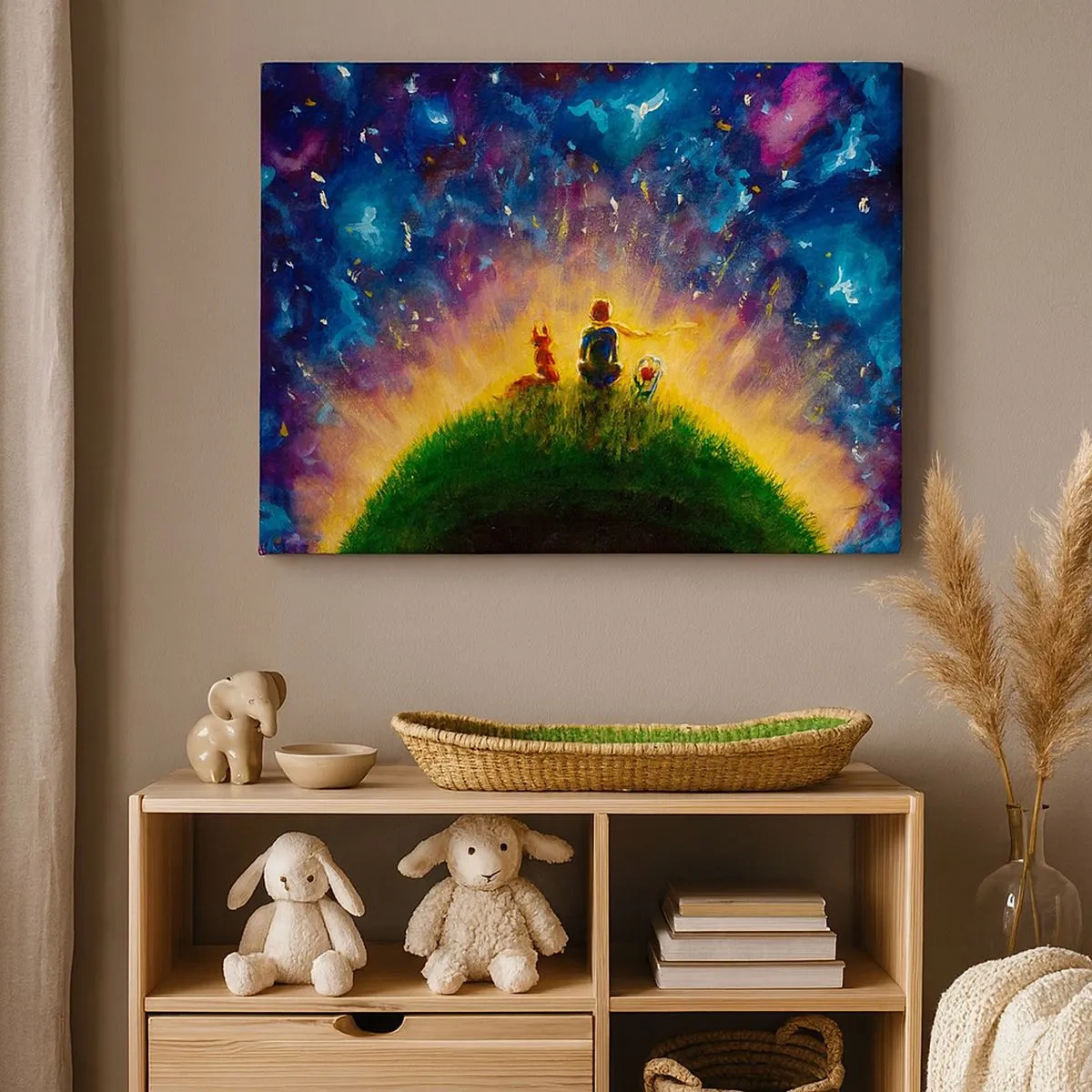 Tablou pe pânză Canvas - Figuri pe un deal verde înconjurat de un cer înstelat - 70x50cm - Dragoste și prietenie - întreaga lume - Decorațiune modernă pentru perete pentru living și dormitor ARTTOR