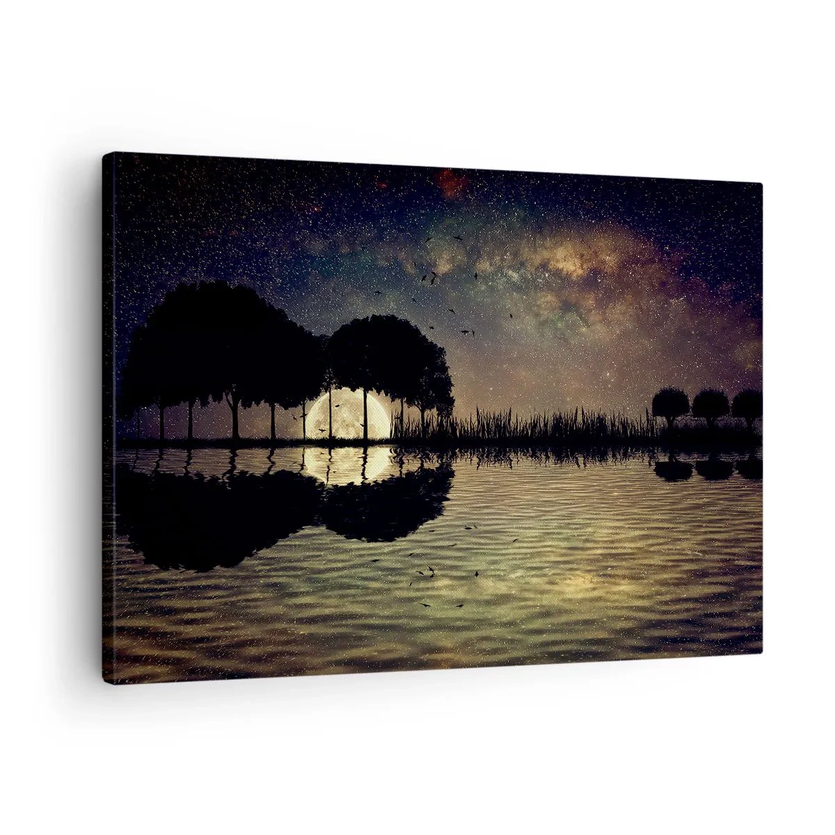 Tablou pe pânză Canvas - O noapte magică cu copaci și lună reflectată pe apă - 70x50cm - O noapte la capătul lumii - Decorațiune modernă pentru perete pentru living și dormitor ARTTOR