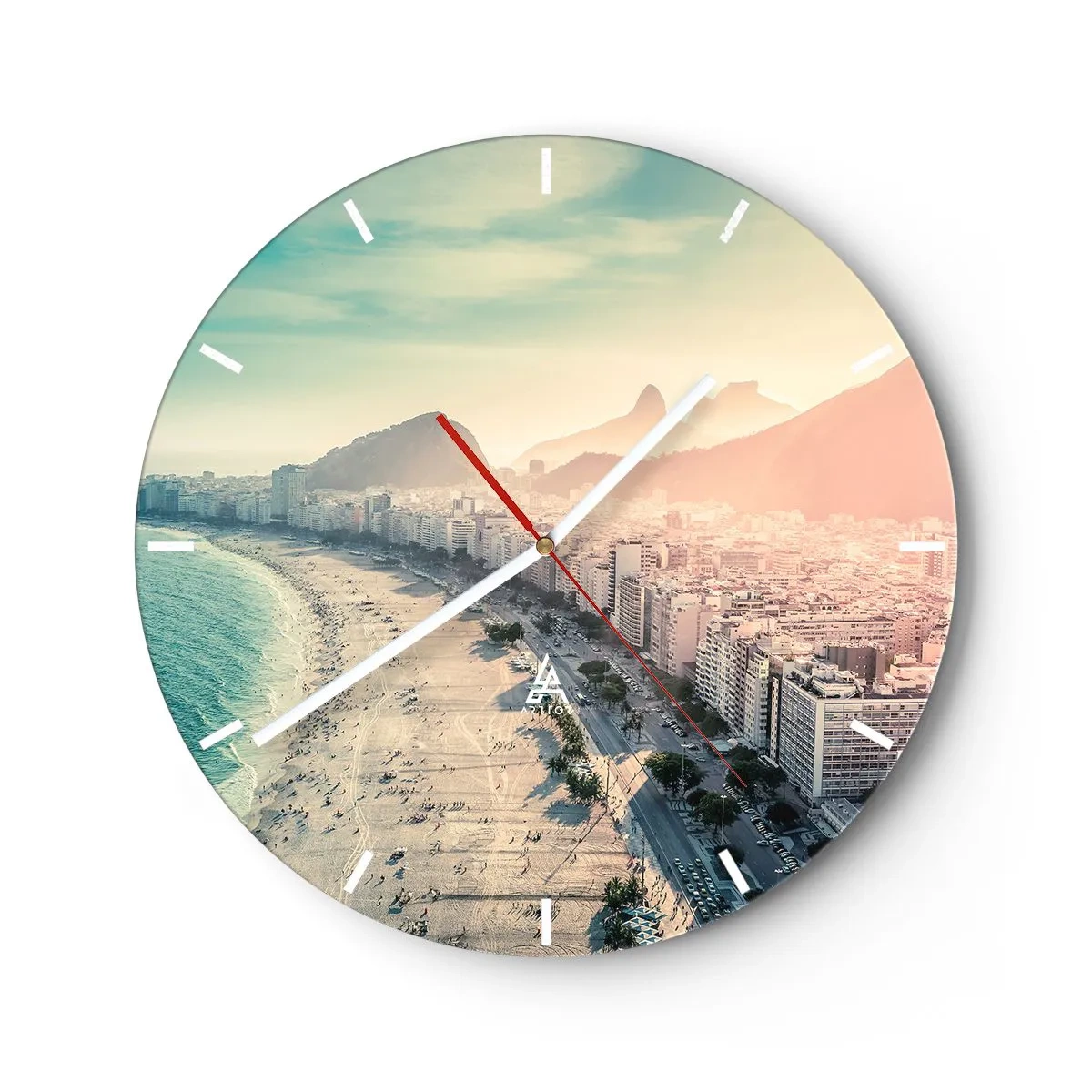 Ceas de perete - Ceas pe sticlă - Panoramă a plajei și a orașului la apus - 30x30cm - Vacanță perpetuă în Rio - Decorațiune modernă pentru perete pentru living, bucătărie și dormitor ARTTOR