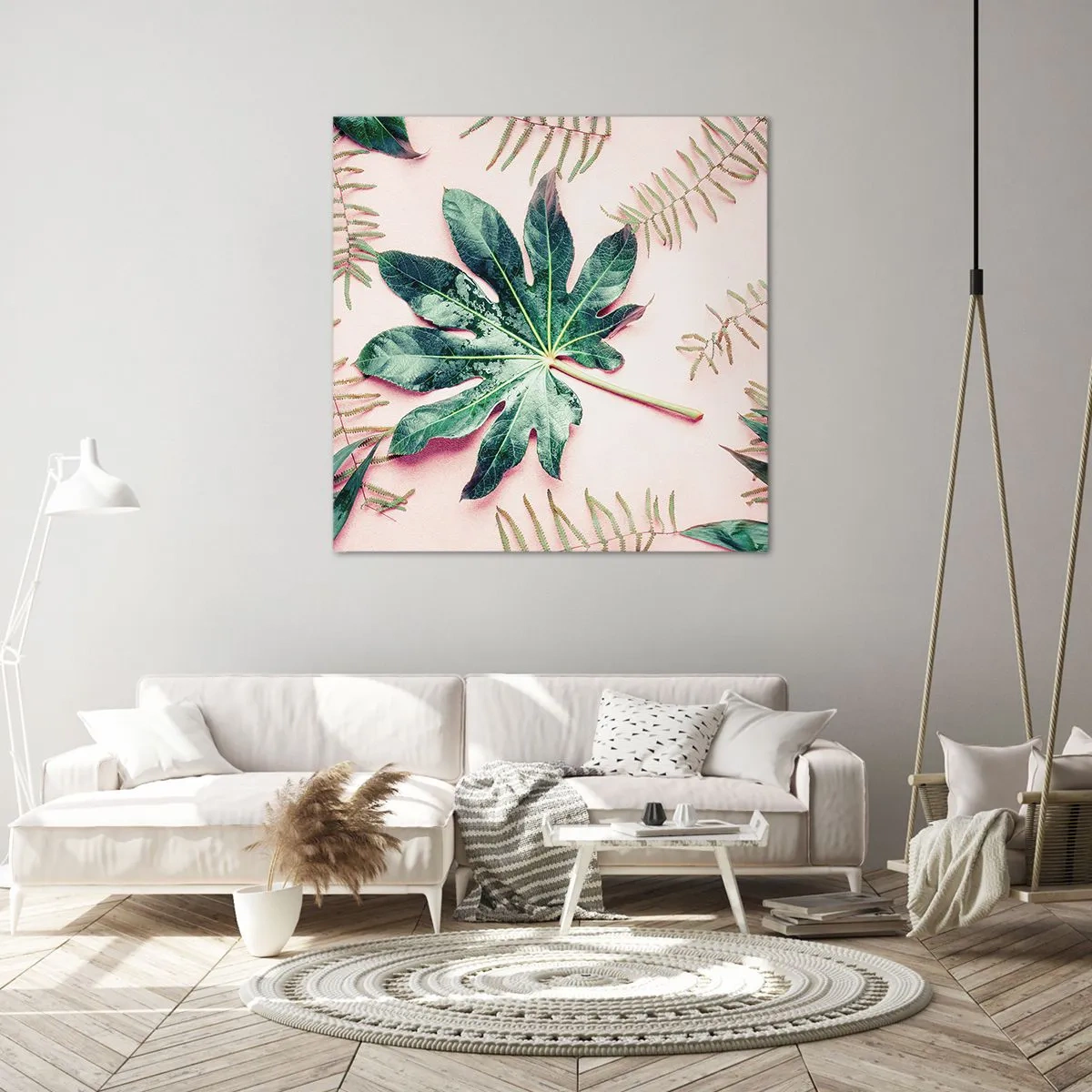 Tablou pe pânză - Studiu de verdeață pe un fundal roz - 60x60 cm