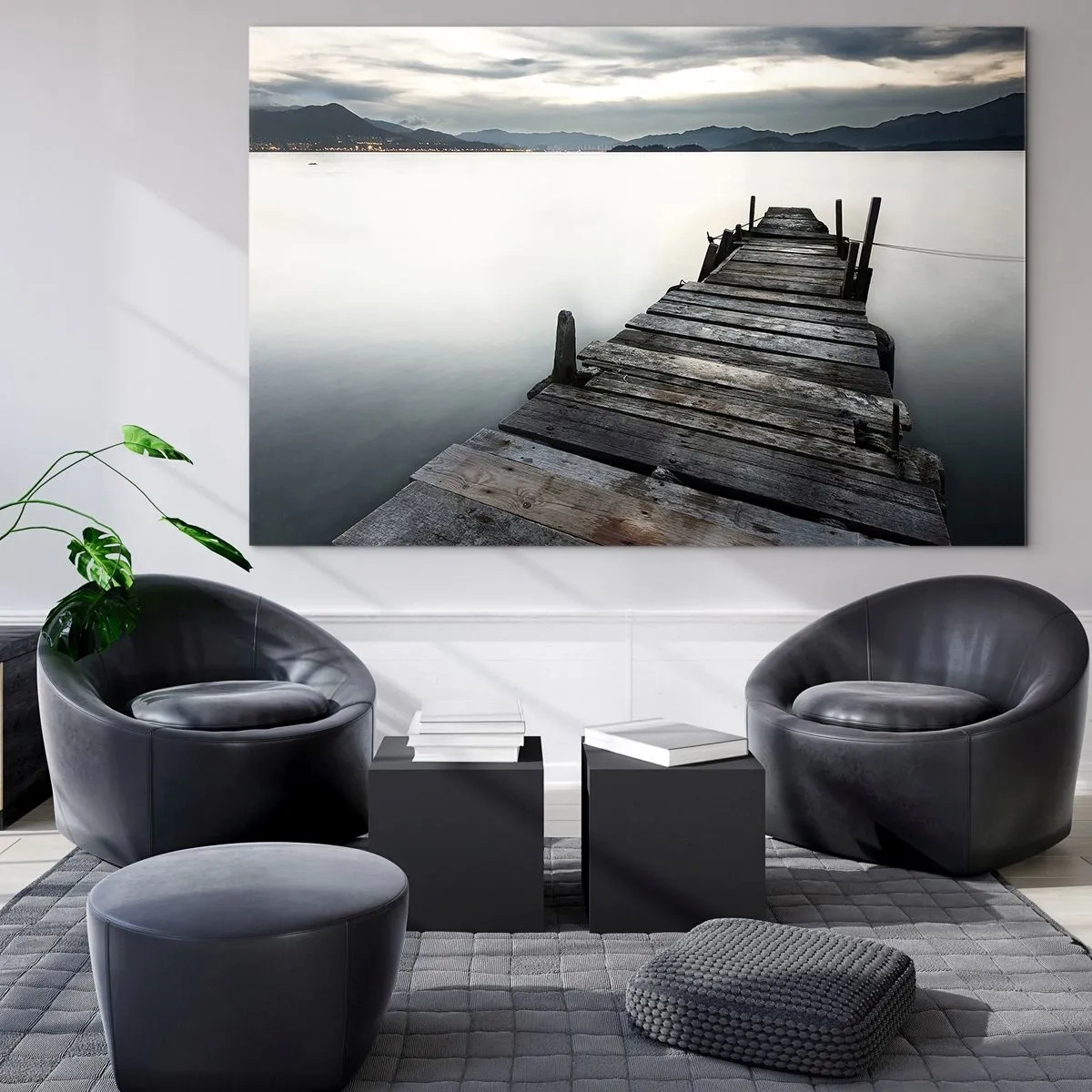 Tablou pe sticlă - Un debarcader din lemn pe fundalul unui lac liniștit la amurg - 70x50cm - Scufundă-te în pace - Decorațiune modernă pentru perete pentru living și dormitor ARTTOR