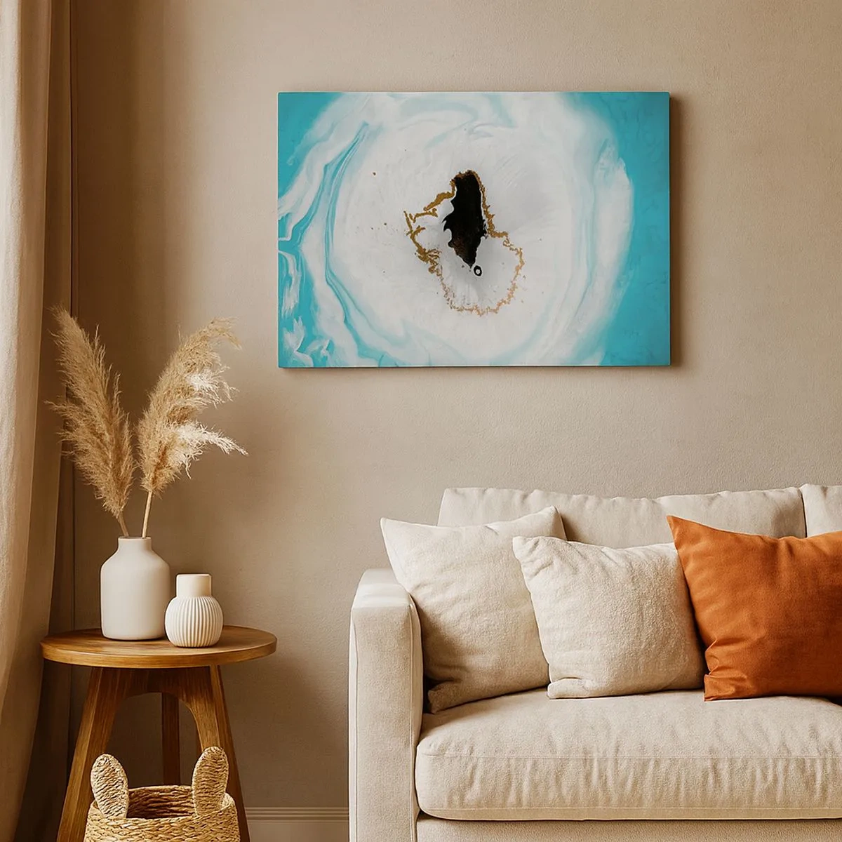 Tablou pe pânză Canvas - Motiv abstract de geodă în nuanțe de turcoaz, alb și auriu - 70x50cm - Pătrunde înăuntru - Decorațiune modernă pentru perete pentru living și dormitor ARTTOR