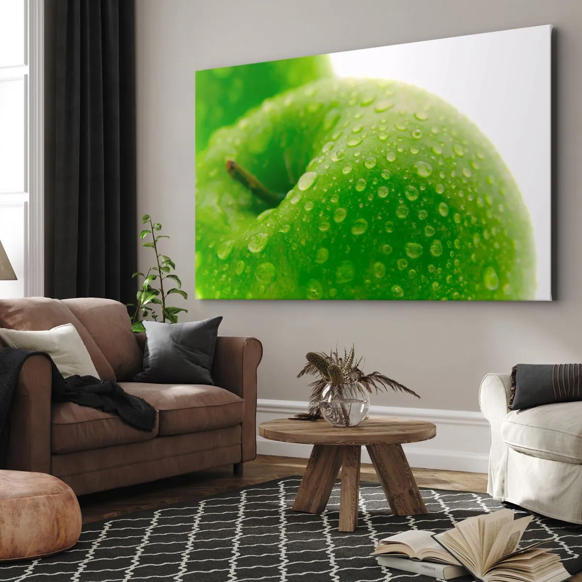 Tablou pe pânză Canvas - Prim-plan al unui măr verde cu picături de apă - 70x50cm - Prospețime verde rece - Decorațiune modernă pentru perete pentru living și dormitor ARTTOR
