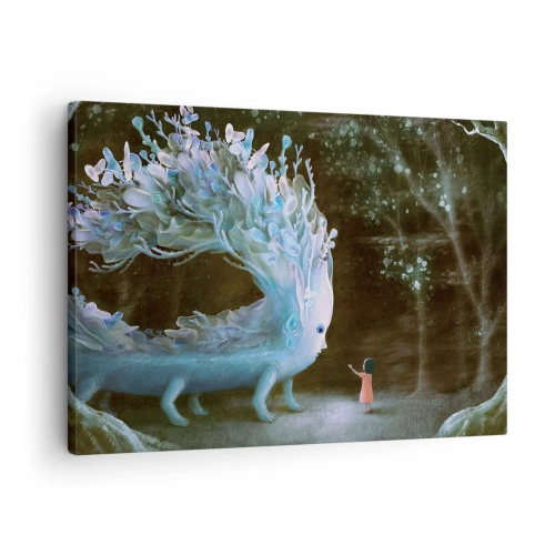 Tablou pe pânză Canvas - Figura unei fete care se confruntă cu o creatură fantastică - 70x50cm - Întâlnire fantastică - Decorațiune modernă pentru perete pentru living și dormitor ARTTOR