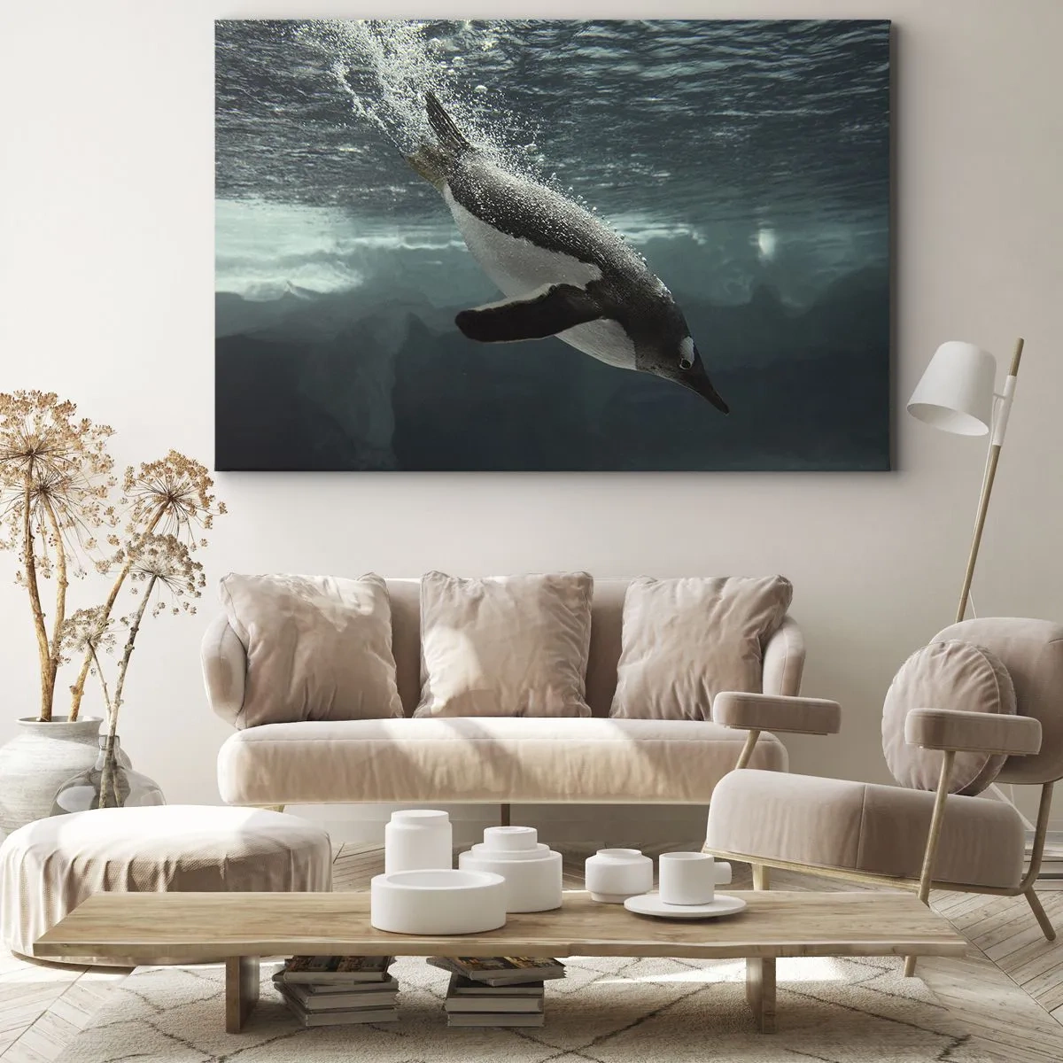 Tablou pe pânză Canvas - Un pinguin care se scufundă în adâncurile apei înghețate - 70x50cm - Bun venit în lumea mea - Decorațiune modernă pentru perete pentru living și dormitor ARTTOR