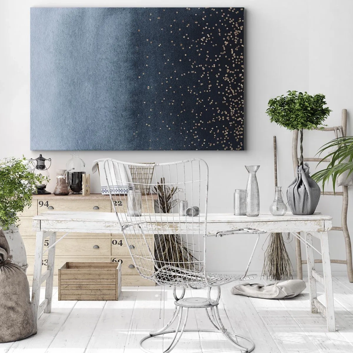 Tablou pe pânză Canvas - Gradiente albastre cu accente subtile aurii - 70x50cm - Compoziție - faze albastre - Decorațiune modernă pentru perete pentru living și dormitor ARTTOR