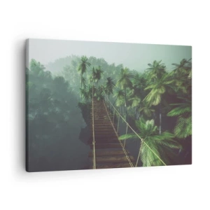 Tablou pe pânză Canvas - Un pod suspendat într-o pădure tropicală înconjurat de ceață. - 70x50cm - Deasupra cazanului verde - Decorațiune modernă pentru perete pentru living și dormitor ARTTOR