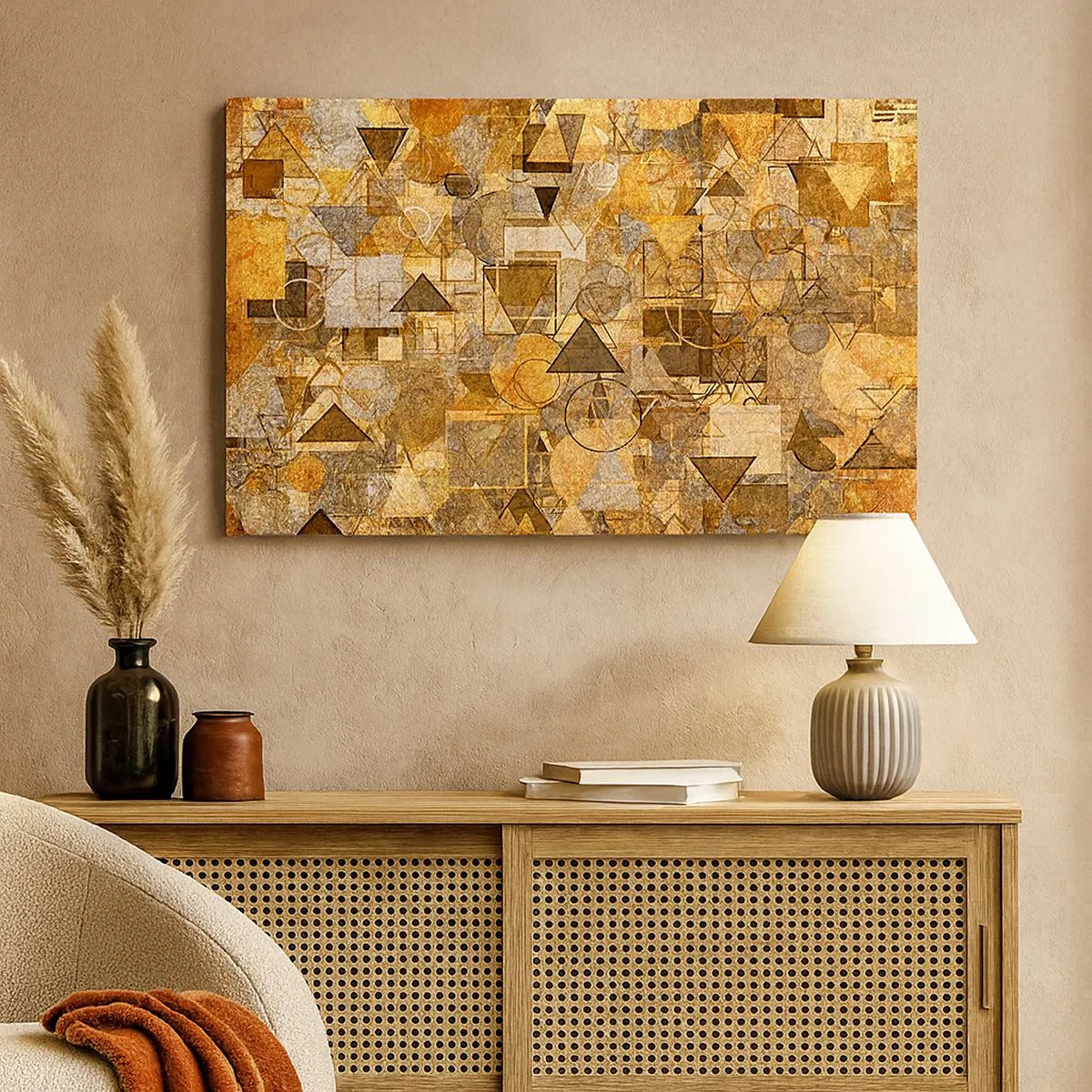 Tablou pe pânză Canvas - Modele geometrice abstracte în nuanțe de auriu - 70x50cm - Lumea băgată în formă - Decorațiune modernă pentru perete pentru living și dormitor ARTTOR