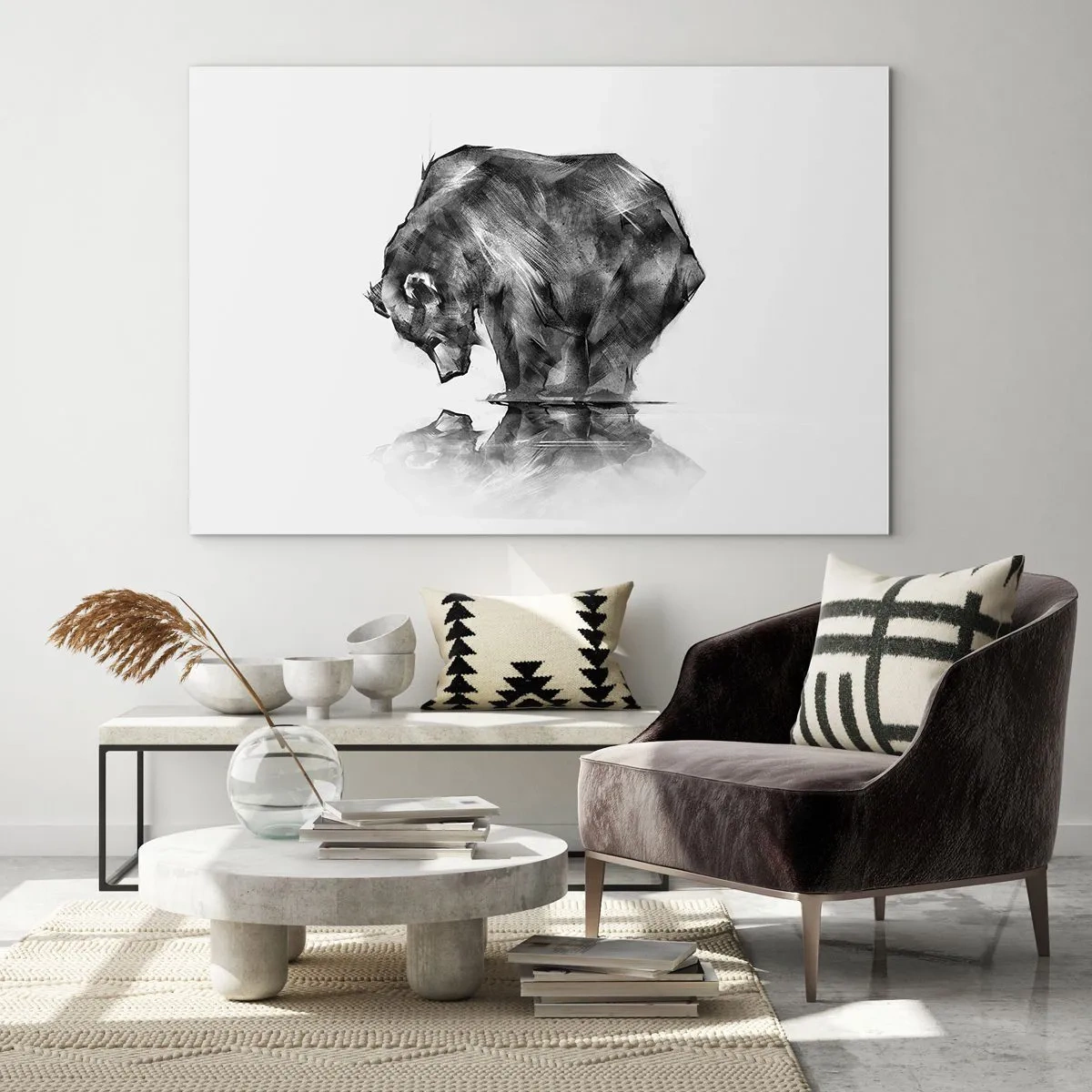 Tablou pe sticlă - Grafică a unui urs aplecat deasupra suprafeței apei - 70x50cm - Mă bucur să văd pe cineva apropiat - Decorațiune modernă pentru perete pentru living și dormitor ARTTOR