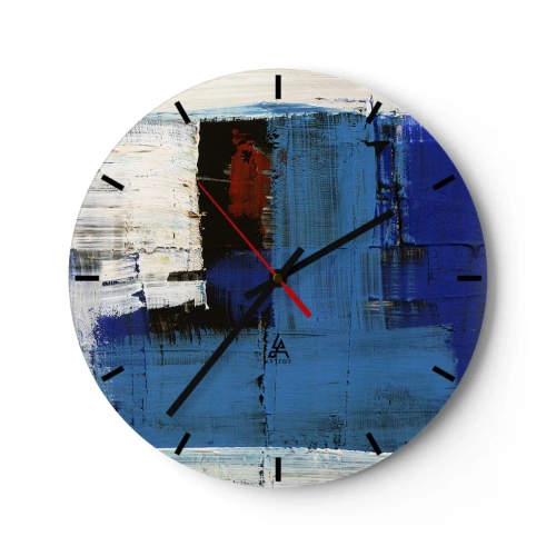 Ceas de perete - Ceas pe sticlă - Abstracție modernă cu albastru dominant și accente de roșu. - 30x30cm - Secretul albastru - Decorațiune modernă pentru perete pentru living, bucătărie și dormitor ARTTOR