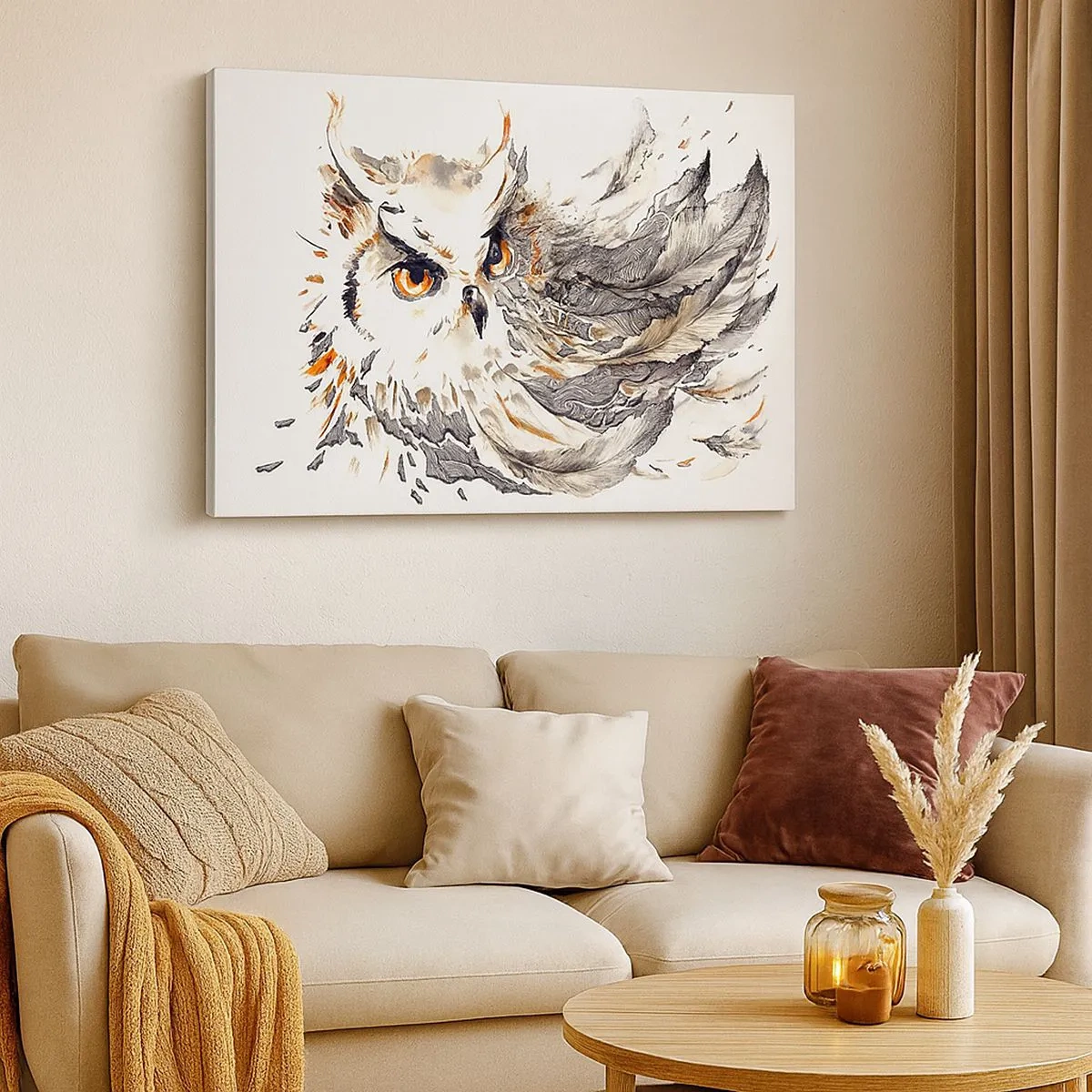 Tablou pe pânză Canvas - O bufniță cu pene mistice într-o formă artistică de acuarelă - 70x50cm - Ea a venit din lumea magiei - Decorațiune modernă pentru perete pentru living și dormitor ARTTOR