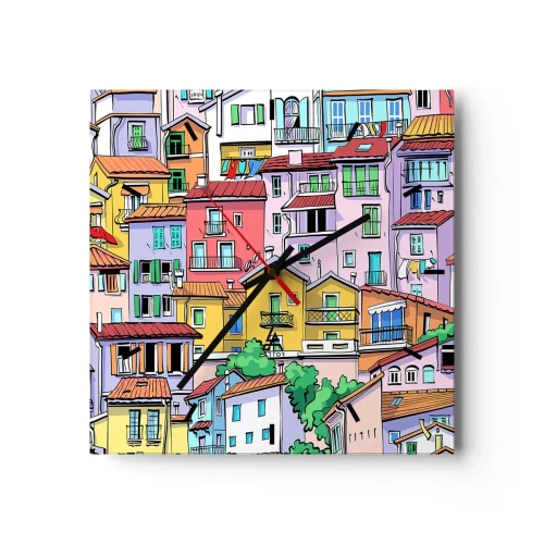 Ceas de perete - Ceas pe sticlă - Oraș vesel - 30x30 cm