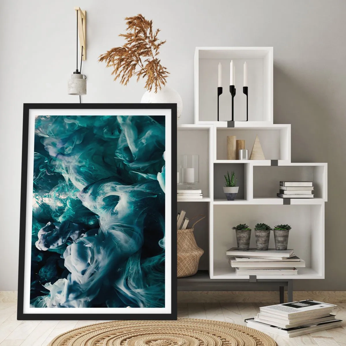 Poster în ramă neagră - O compoziție abstractă de culori învolburate în nuanțe de verde și albastru. - 50x70cm - Mișcarea culorilor - Decorațiune modernă pentru perete pentru living și dormitor ARTTOR
