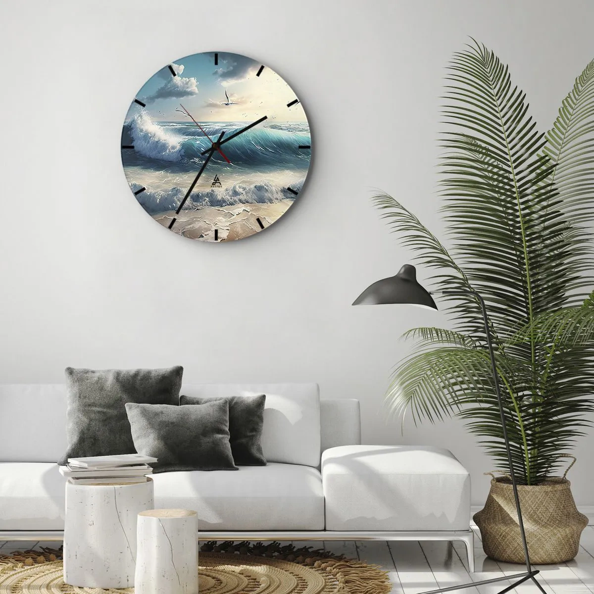 Ceas de perete - Ceas pe sticlă - Valuri oceanice agitate care se izbesc de țărmul nisipos - 30x30cm - Sunetul valurilor doar pentru tine - Decorațiune modernă pentru perete pentru living, bucătărie și dormitor ARTTOR