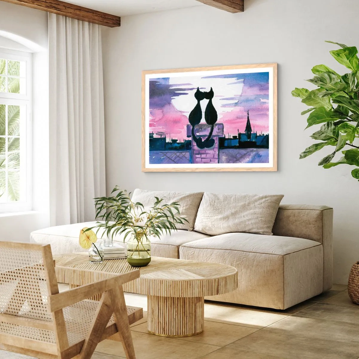 Poster în ramă de stejar deschis - Rendez-vous sub lună - 100x70 cm