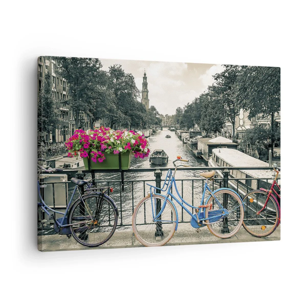 Tablou pe pânză Canvas - Un pod cu biciclete și flori peste un canal din Amsterdam - 70x50cm - Culorile unui canal din Amsterdam - Decorațiune modernă pentru perete pentru living și dormitor ARTTOR