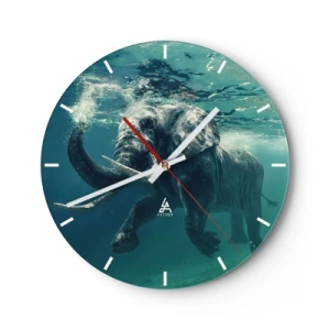 Ceas de perete - Ceas pe sticlă - Un elefant înotând sub apă în mediul său natural - 30x30cm - Tuturor le place să înoate - Decorațiune modernă pentru perete pentru living, bucătărie și dormitor ARTTOR