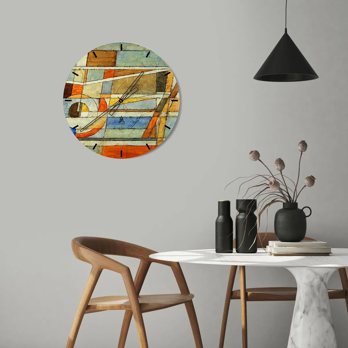 Ceas de perete - Ceas pe sticlă - Model abstract cu culori portocaliu, bej și albastru - 30x30cm - Cubismul în construcție - Decorațiune modernă pentru perete pentru living, bucătărie și dormitor ARTTOR