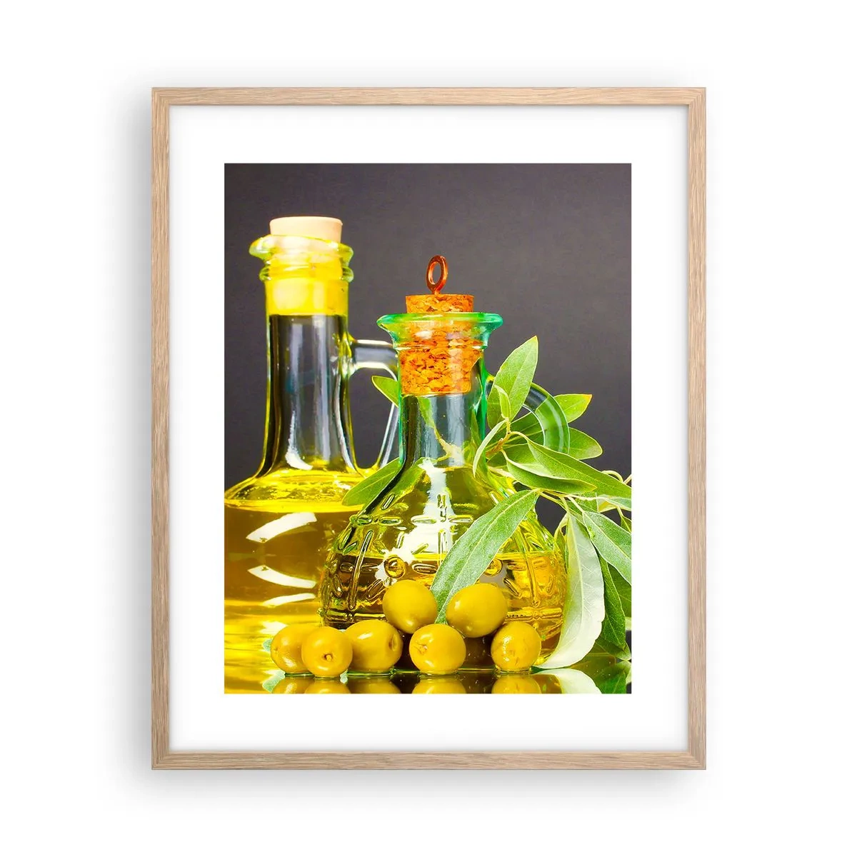 Poster în ramă de stejar deschis - Natură moarte cu măsline și ulei - 40x50 cm