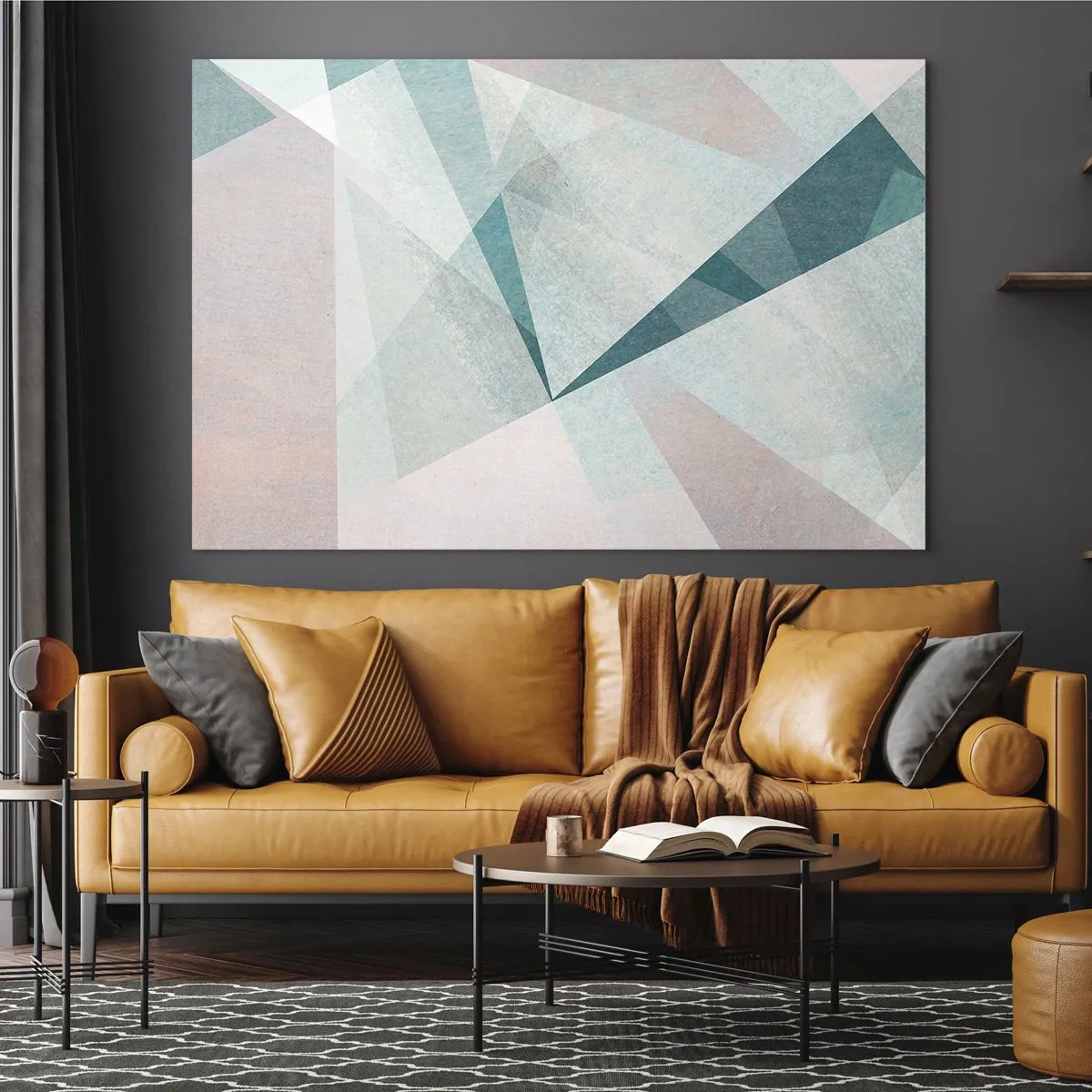 Tablou pe sticlă - Forme geometrice în nuanțe pastelate de verde și albastru - 70x50cm - Calm și totuși dinamic - Decorațiune modernă pentru perete pentru living și dormitor ARTTOR