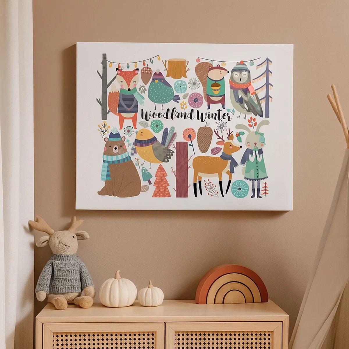 Tablou pe pânză Canvas - Animale de pădure de iarnă în grafică colorată - 70x50cm - Un Crăciun de basm în pădure - Decorațiune modernă pentru perete pentru living și dormitor ARTTOR