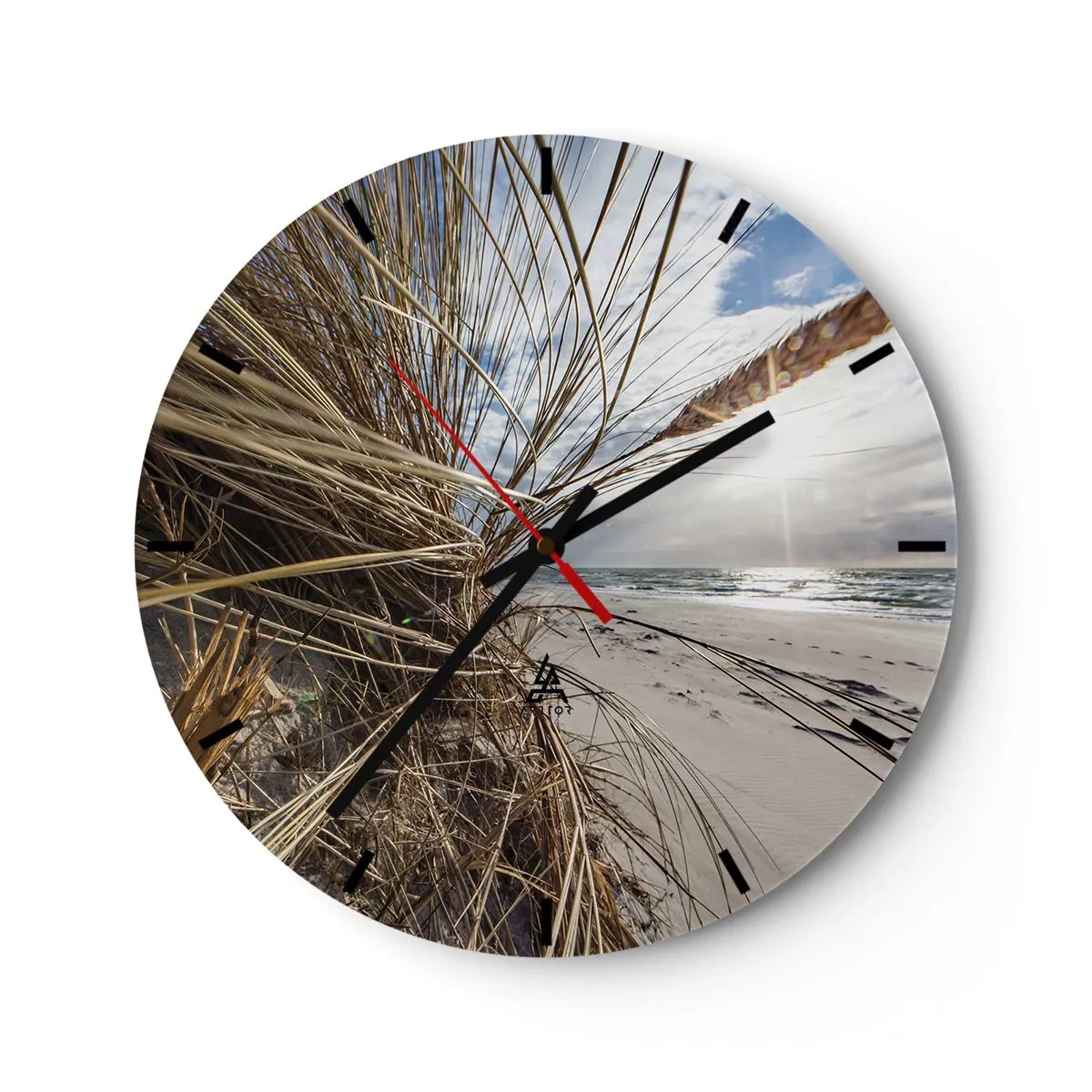 Ceas de perete - Ceas pe sticlă - Peisaj de plajă cu vedere la mare prin iarbă - 30x30cm - O întâlnire a elementelor - Decorațiune modernă pentru perete pentru living, bucătărie și dormitor ARTTOR