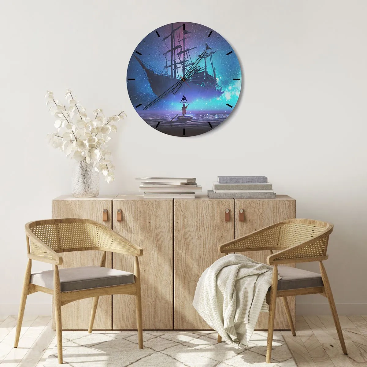Ceas de perete - Ceas pe sticlă - O corabie cu pânze în lumina stelelor pe o mare calmă, cu o barcă - 30x30cm - Întâlnirea cu mitul mării - Decorațiune modernă pentru perete pentru living, bucătărie și dormitor ARTTOR