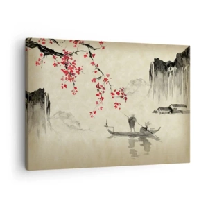 Tablou pe pânză Canvas - Ilustrație orientală cu o barcă și o ramură înflorită - 70x50cm - În țara florilor de cireș - Decorațiune modernă pentru perete pentru living și dormitor ARTTOR